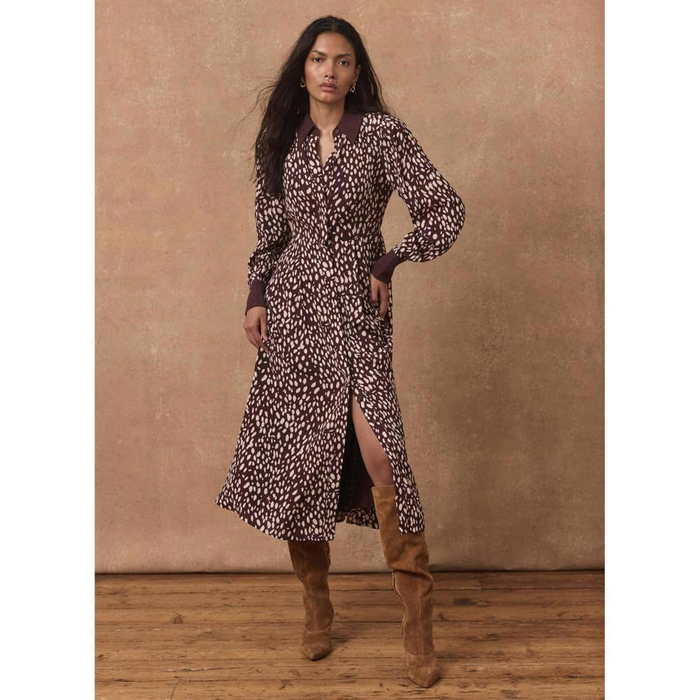 Mint Velvet Burgundy Printed Midi Shirt Dress